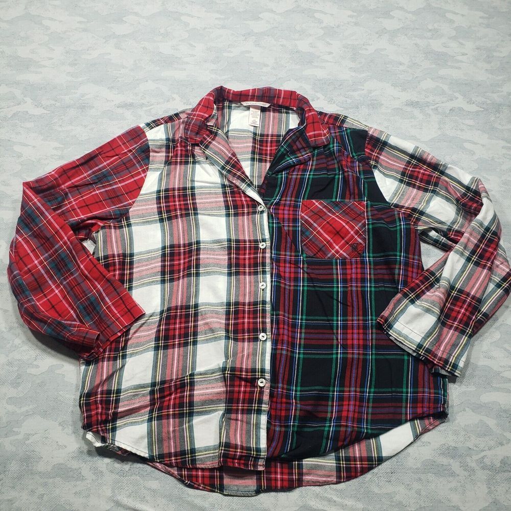 Victoria Secret Pajama Top‎ Womens Large Multicolor Plaid Button Up